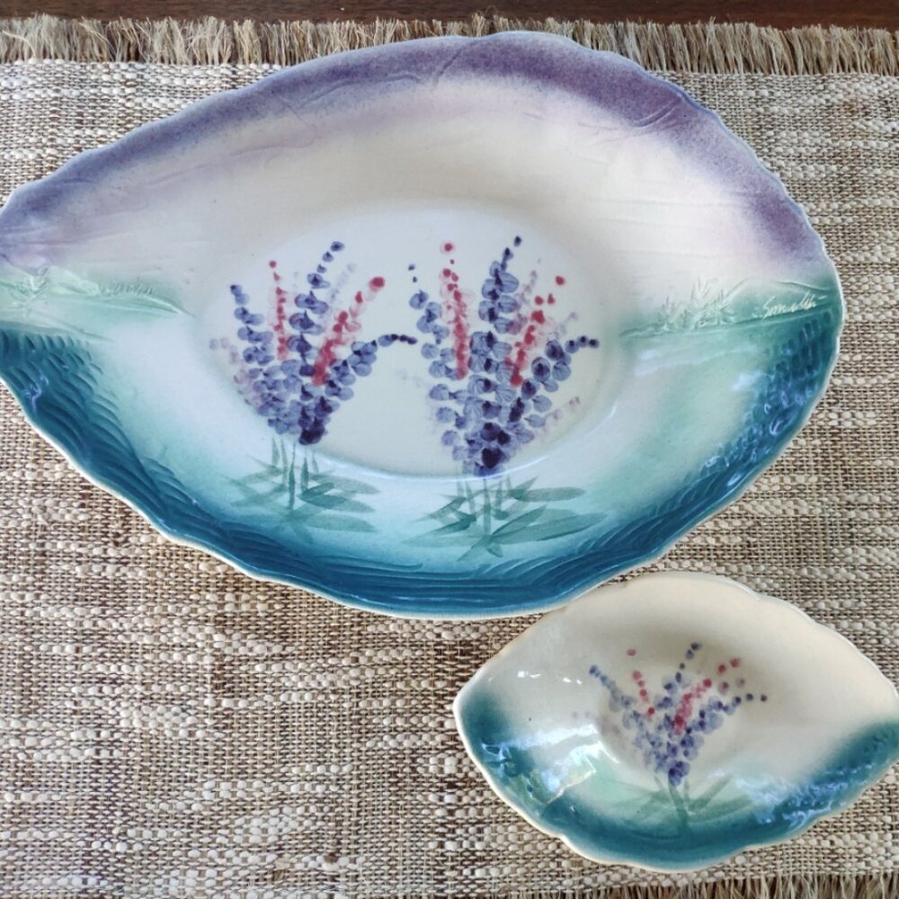 Studio Art Pottery Bowls Set of 2, Carol Smeraldo Hand Painted 12.5" and 6.75"